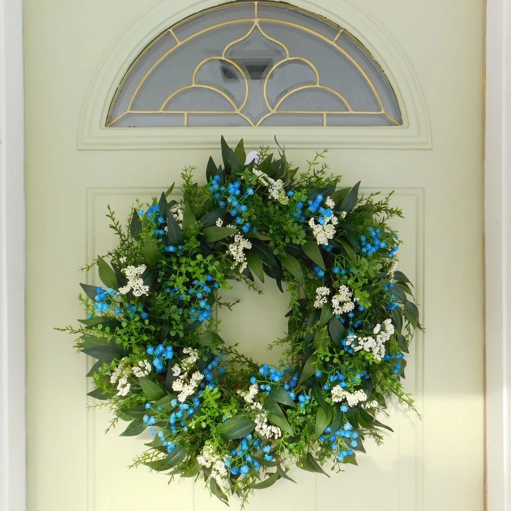 Artificial Year Round Greenery Wreath Blue and White‎ Flowers Housewarming Gift